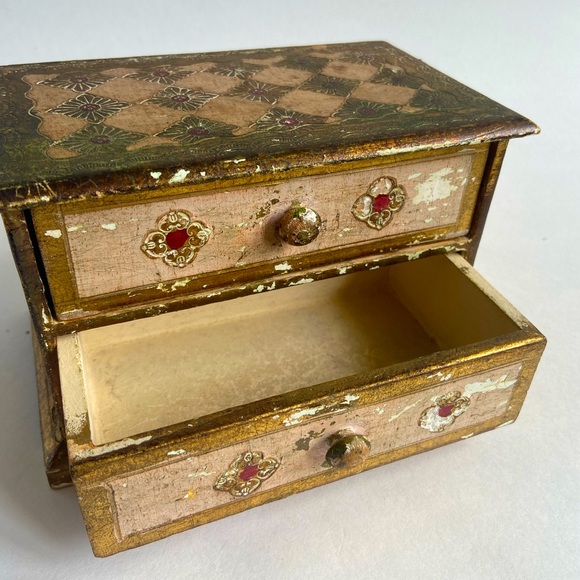 Vintage Florentine Italy 2 Drawer Cabinet Trinket Jewelry Box Handpainted Wooden - Picture 5 of 9
